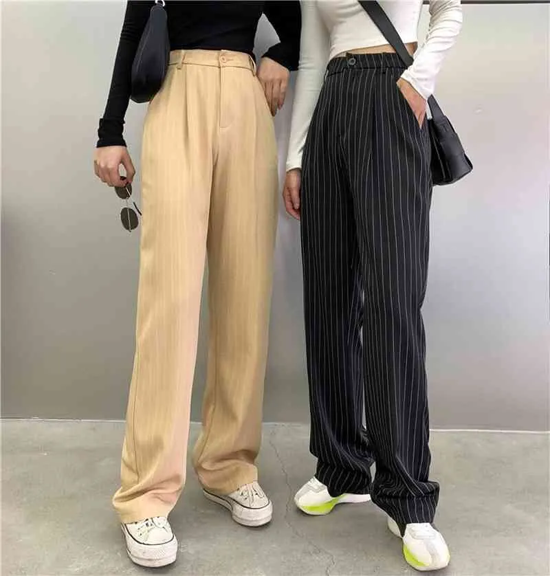 느슨한 검은 색 대형 하이 허리 스트라이프 맞춤형 바지 여성 Chic Khaki 스트레이트 와이드 레그 바지 Streetwear 레트로 Pantalones 210429
