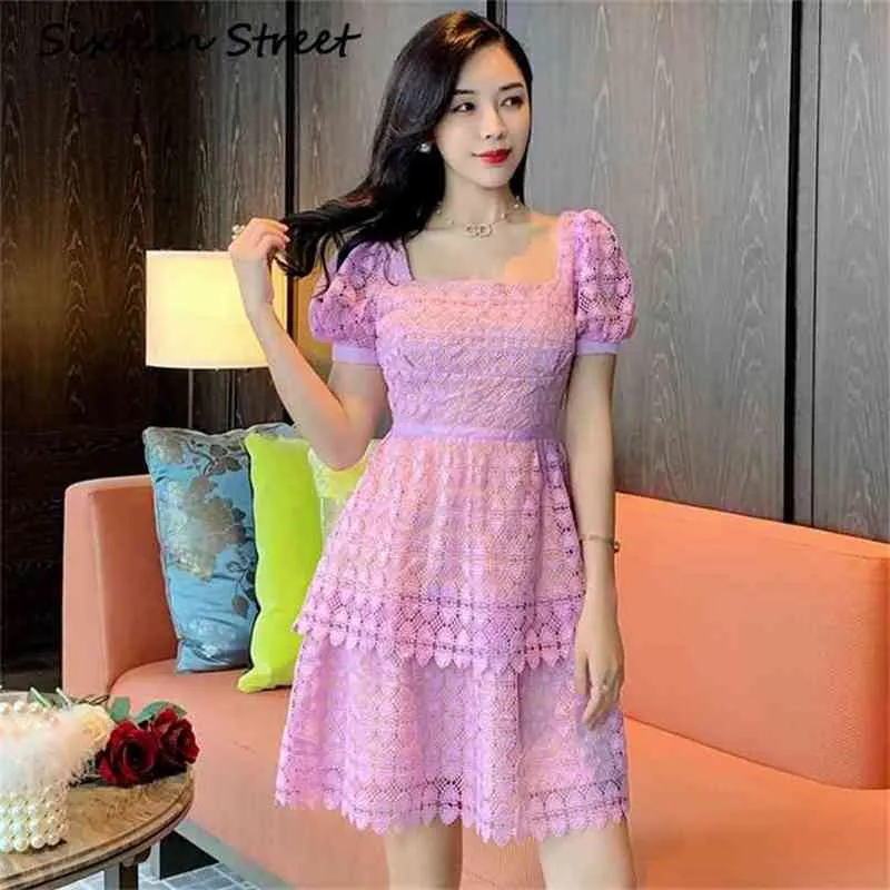 Pink Purple Lace Dress Woman Summer Square Neck Short Sleeve Runway Fashion Self Female Street Casual Bodycon 210603