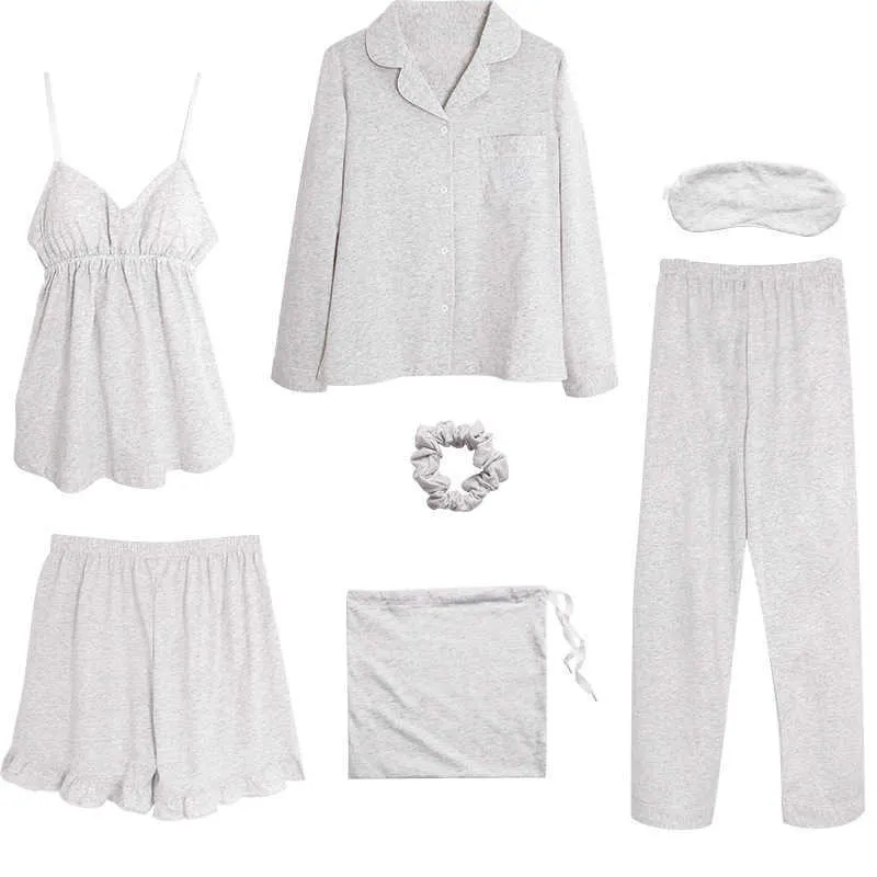 Lady Gray Homewear Long Sleeve 7PCS Pajamas Suit Intimate Lingerie Cotton Casual Sleepwear Spring Novelty Sleep Set Q0706