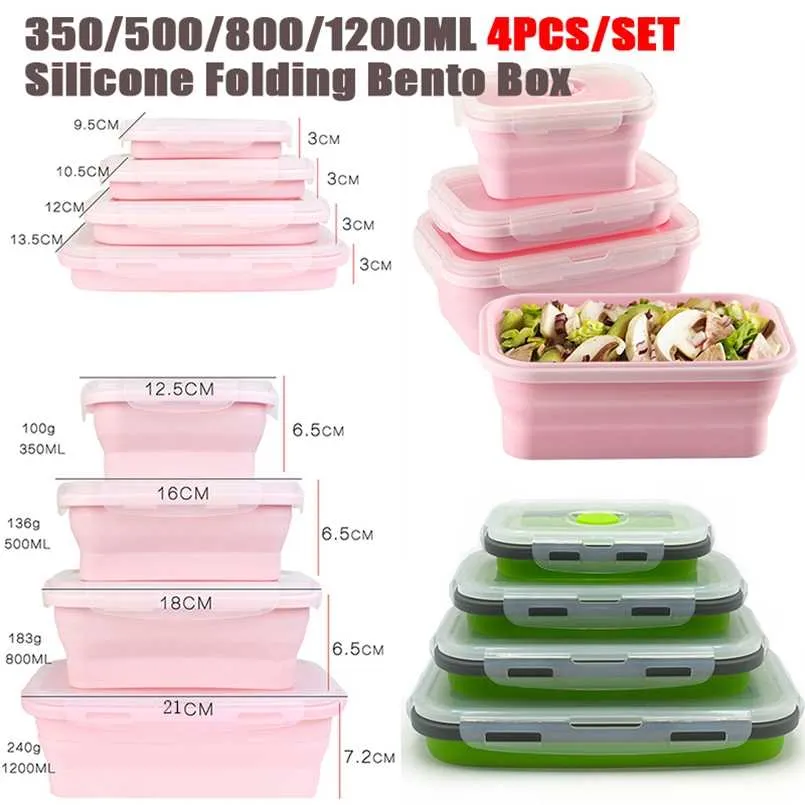 4PC / set Silikon Rektangel Lunchkasse hopfällbar Bento Box Folding Food Container Bowl 300/00 / 800/1200ml För Dinner 211108
