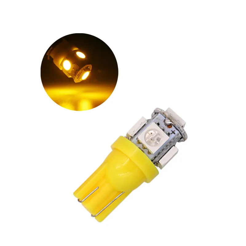 100pcs 고품질 T10 노란색 웨지 5SMD 5050 LED 전구 W5W 2825 158 192 168 194 자동차 인테리어 읽기 돔 트렁크 번호판 조명 12V 24V