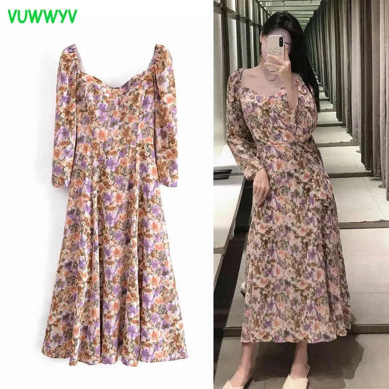 VUWWYV femmes robe violet imprimé fleuri robes mi-longues femme été à manches longues fête dames Vintage dos élastique 210430