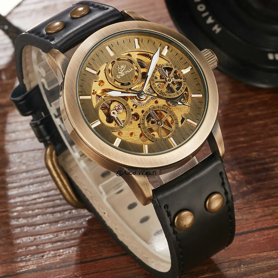 Reloj mecánico para hombre, esqueleto automático, relojes de cuerda automática, reloj de pulsera de cuero Retro de bronce antiguo, reloj Masculino