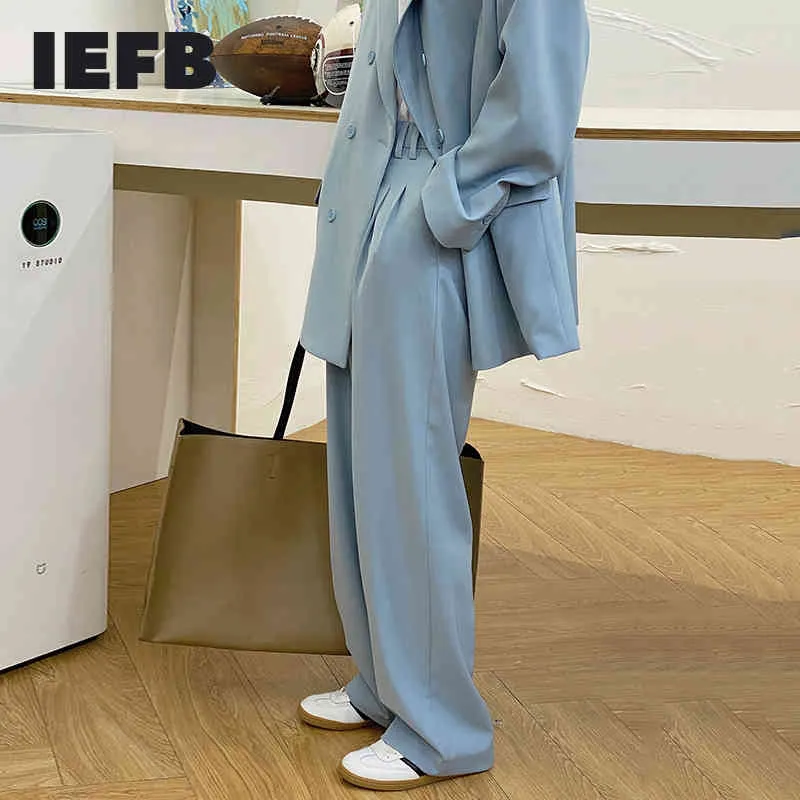 IEFB Frühling Blau Herren Anzug Hosen Koreanische Streetwear Mode Breite Bein Hosen Einfache Lose Beiläufige Boden Gerade Hosen Y6918 210524