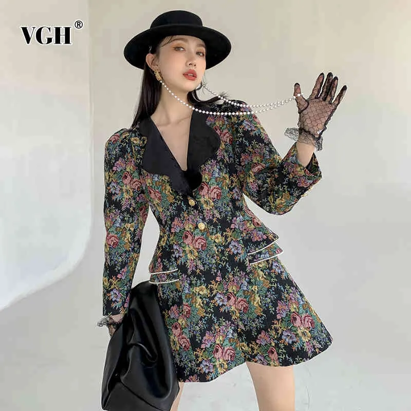 VGH Vintage Stampa Vestito per le donne Risvolto manica lunga a manica lunga Hit Color Color Patchwork Elegante Mini Abiti Femminile Stile Estate 210421