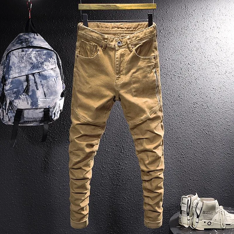 Мужские джинсы Street Style Fashion Men Khaki Color Elastic Slim Fit Hip Hop Zipper Spliced Designer Casual Denim Punk Pants