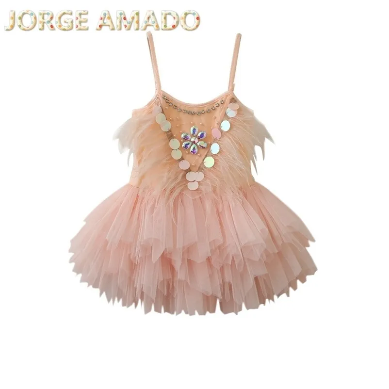 Girls Summer Dress Feather Sequins Flower Girl Ballet Children Princess Party Kid Clothes EY001 210610