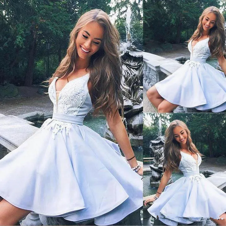 2021 graduation Light Sky Blue Homecoming Dress Red Cute v neck lace short prom Party dresses