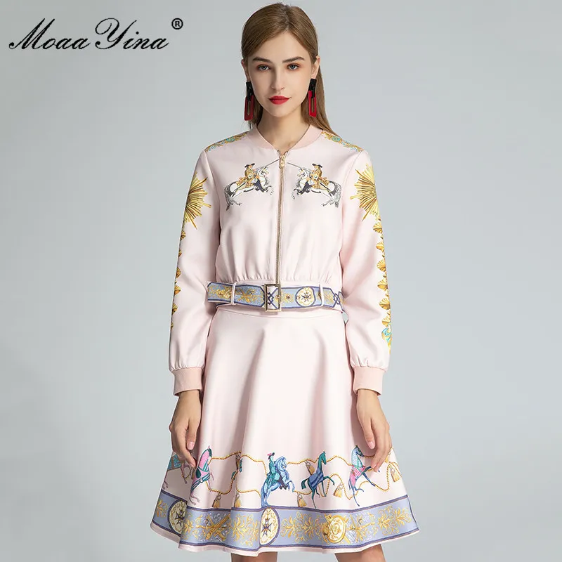 Fashion Set Autumn Women's Dress Long Sleeve Zipper jacket Tops+Vintage Print lace-up skirt Keep warm Two-piece sets 210524