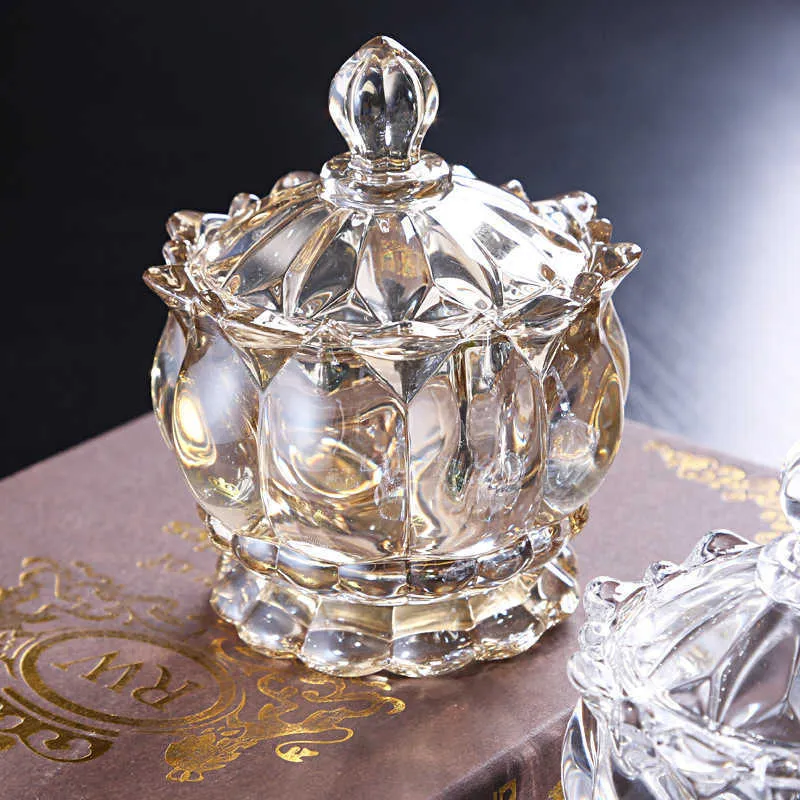 Luxury Crystal Glass Sugar Bowl Storage Jar Smycken Candy Snack Jar Hushållsapparater och smycken med lock 210623