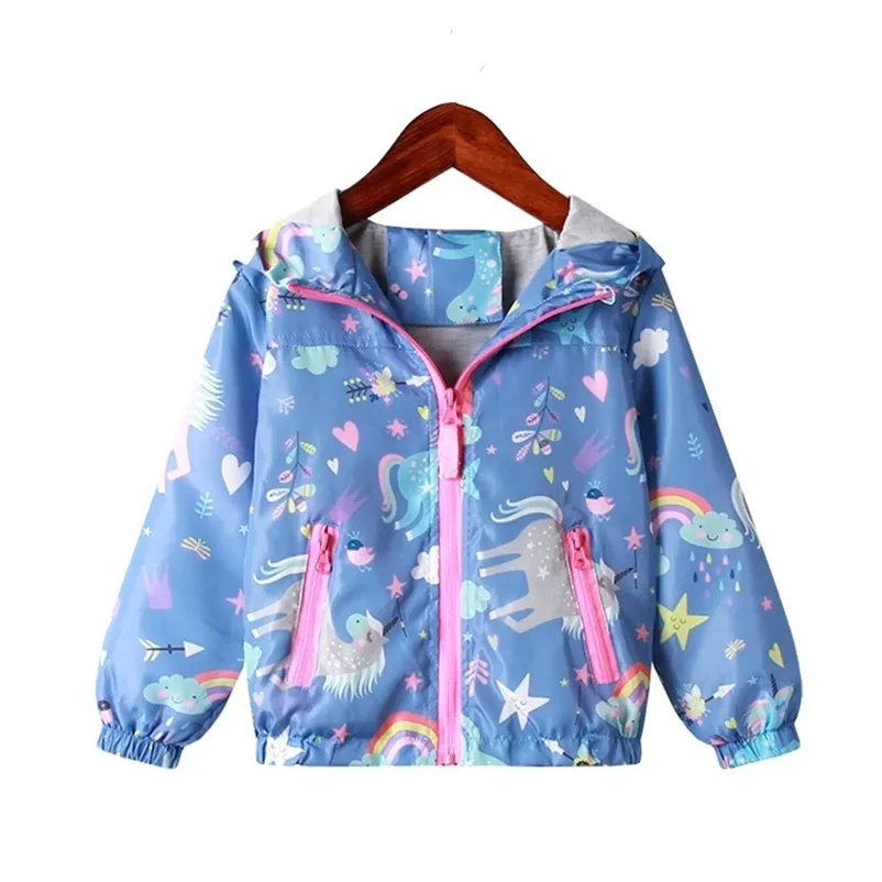 Frühlingsjacke für Mädchen Mäntel mit Kapuze Einhorn Regenbogen Muster Baby Kleidung Oberbekleidung Kinder Windjacke Herbstjacken 211204