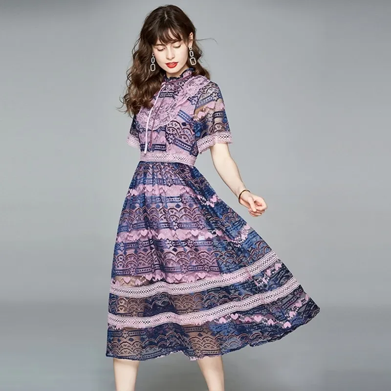 Llzacoosh högkvalitativ mode sommar spets midi klänning kvinnors kortärmad blommig print patchwork ihåliga ut kvinnliga vintage dres 210514