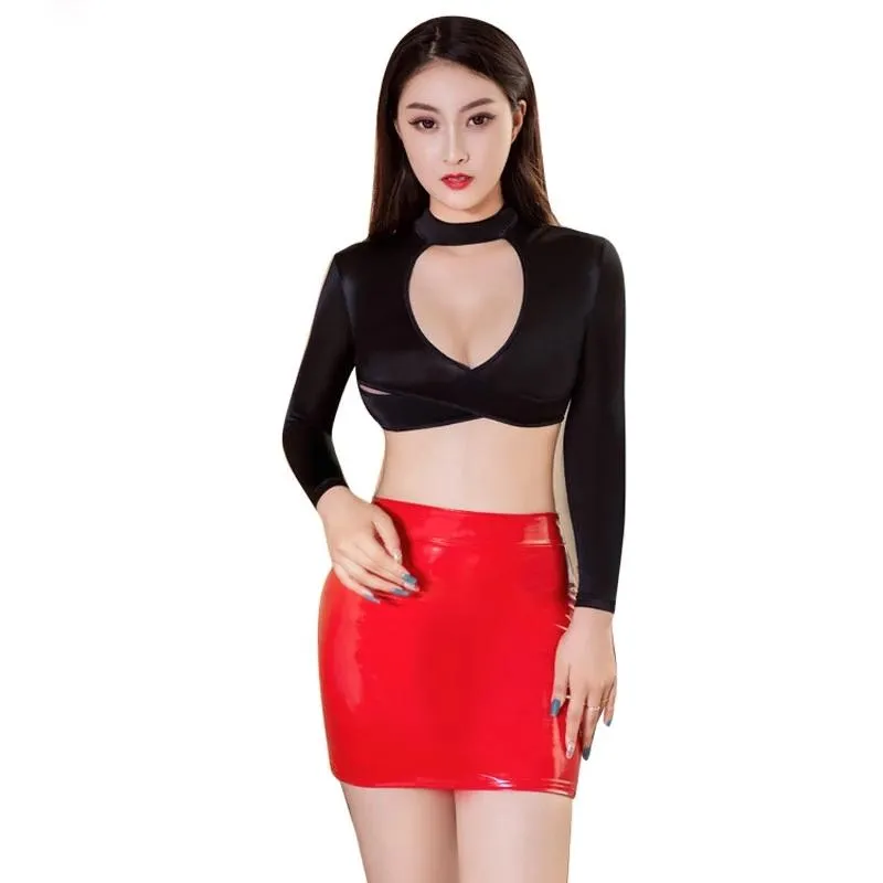 Skirts Sexy Shiny PU Faux Leather Micro MINI Skirt 2022 Wet Look