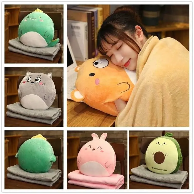 Cartoon Animal Pillow Blanket 3 In1 Stuffed Hand Warmer Bag Cute Cushion Home Car Travel pillow for children Girl Gift 211203