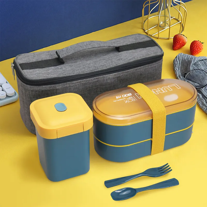 Japanse stijl dubbele laag gezonde lunchbox met vork en lepel magnetron Bento boxes servies ingesteld containeropslag