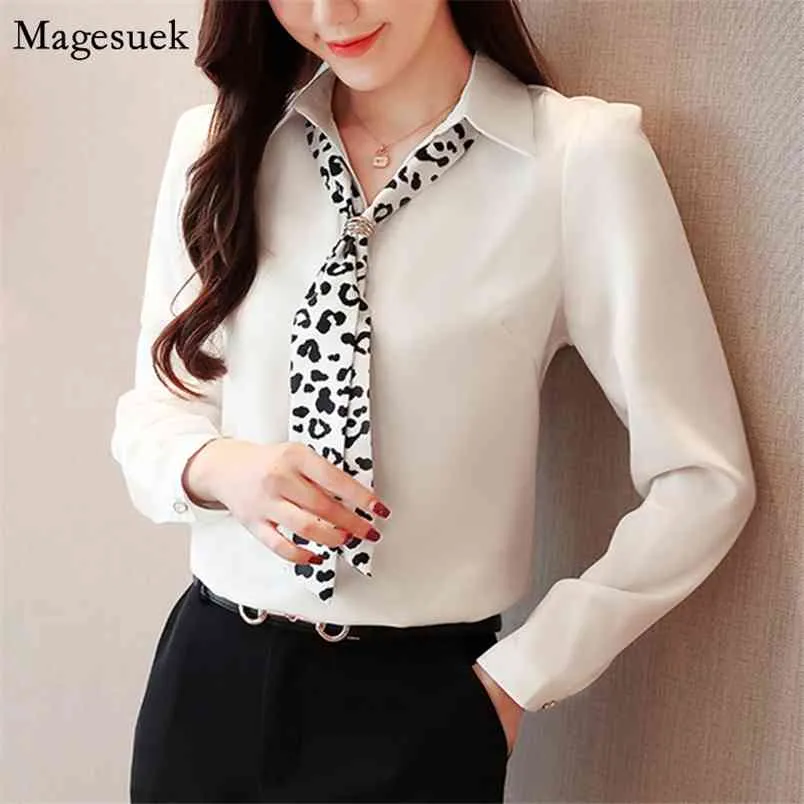 Autunno Bianco Abbigliamento formale da donna Top e camicetta in chiffon a maniche lunghe Camicie da donna Leopard Bow Blusas 8354 210512