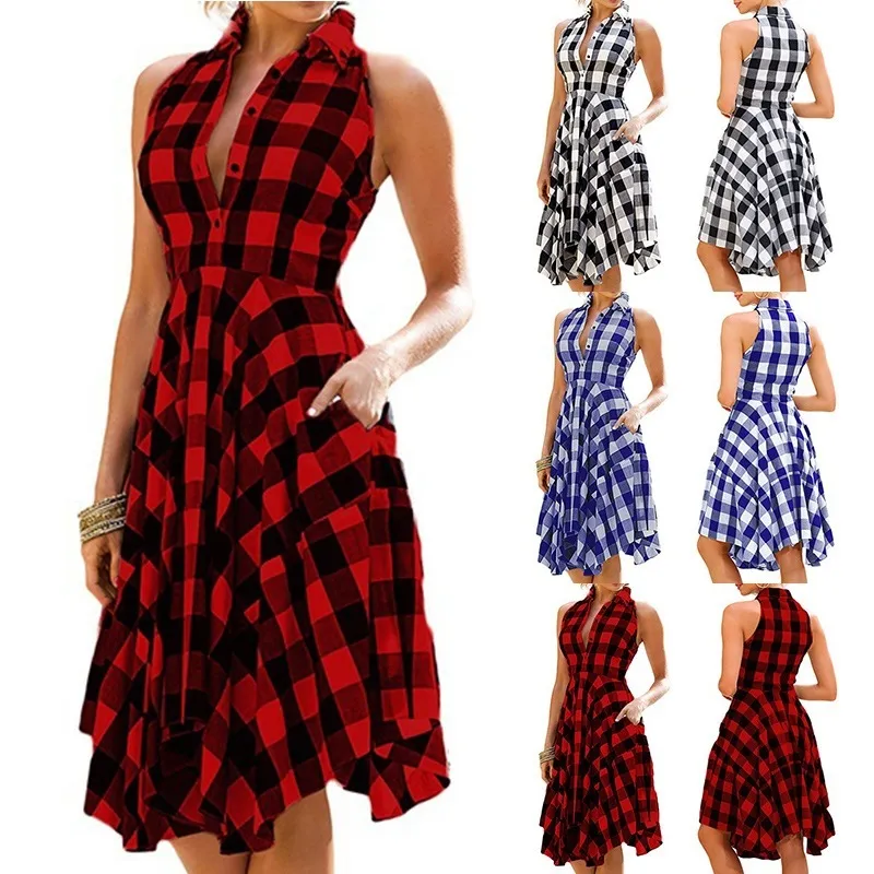 Vintage sommarflickor plaid klänning retro swing kjol kvinnor flicka pendling lapel hög midja ärmlös bomull röd stativ neck tröja klänningar