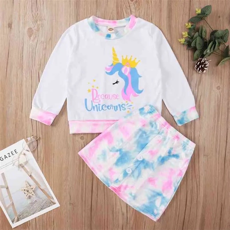 Vinter barn sätter avslappnad långärmad o nacke print unicorn t-shirt tie-färge kjol söta 2pcs tjejer pojkar kläder set 2-6t 210629