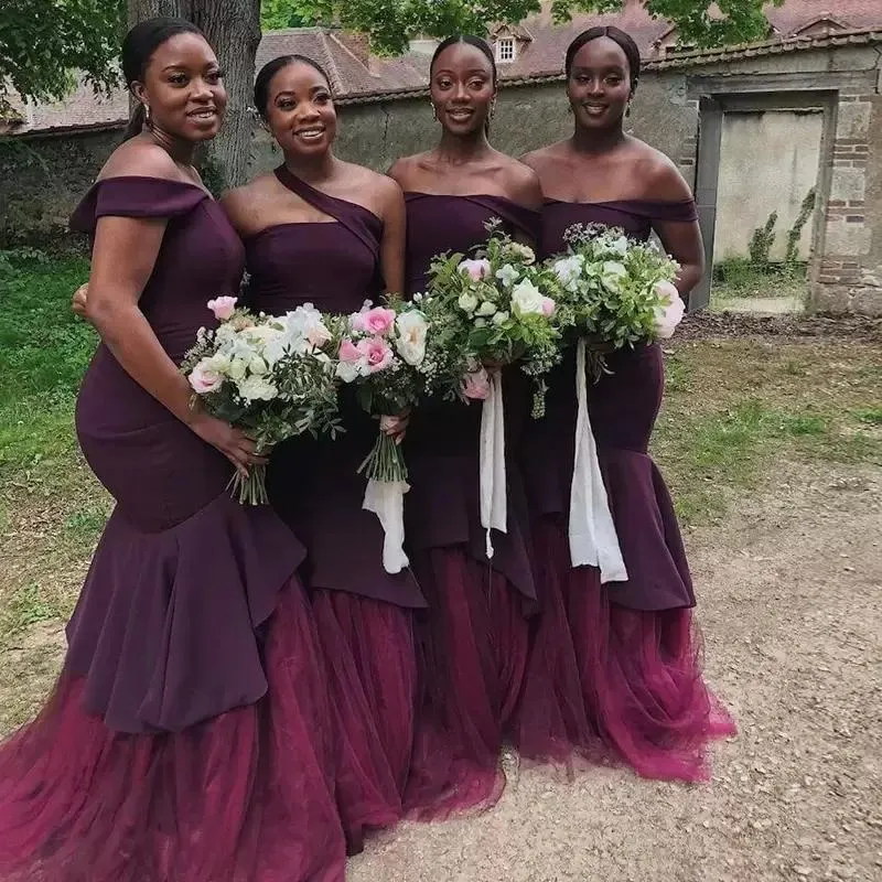 2022 Off Shoulder Dark Mauve Bridesmaid Dresses In Grape Dark Green And Blue Floor Length Wedding Guest Gowns Junior Maid Of Honor Gops Satin Tulle Party Goggles Mermaid Style From Haiyan4419 76.29