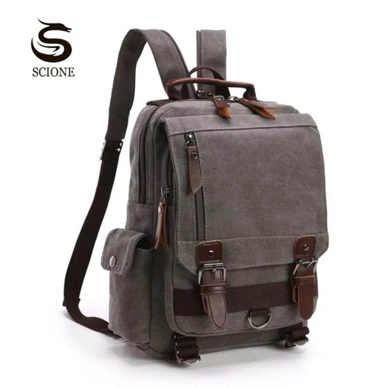 Scione Liten Canvas Ryggsäck Män Travel Back Pack Multifunktionell Axelväska Kvinnor Laptop RuckSack School Bags Kvinna DayPack 210929