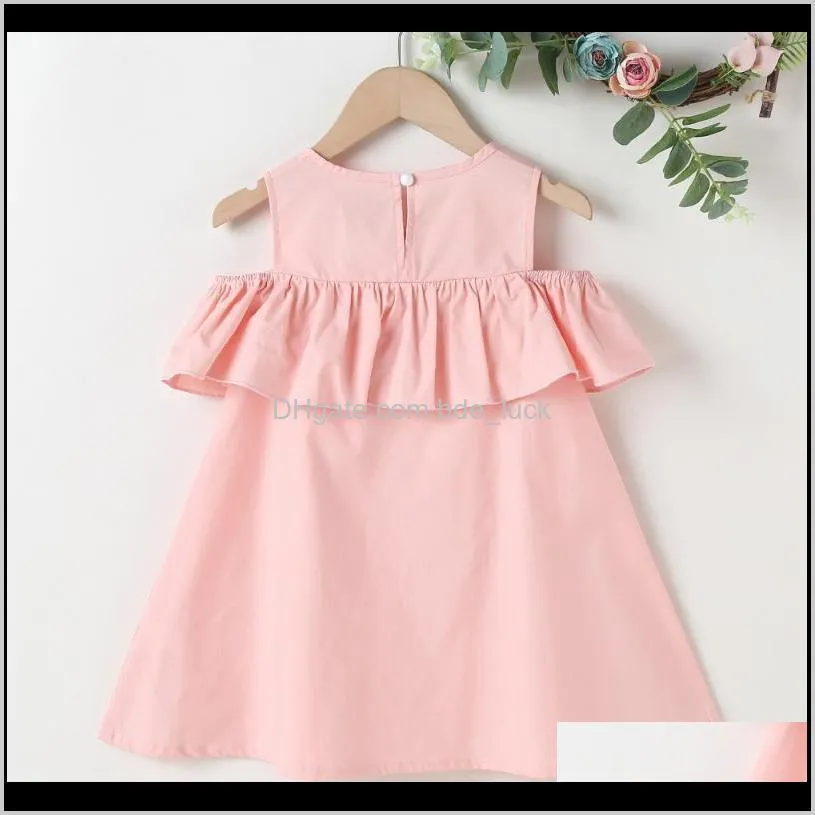 Fashion Pink Solid Dresses For Kids Cotton Girls Summer Off-shoulder Children Ruffles Dress Girl`s