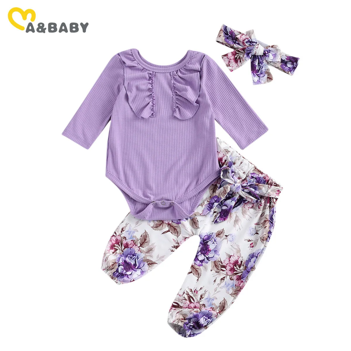 0-18M primavera otoño nacido bebé niñas ropa conjunto volantes púrpura mameluco Floral pantalones diadema trajes 210515