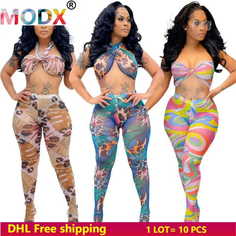 Kobiety Mesh Dwie zestawy Seksowne Sheer Clubwear Halter Strapltops + Rajstopy Contast Color Print Stroje Moda Legging Garnitur 5483 x0709 \ t