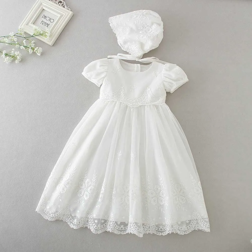 Newborn Dresses For Baby Girls Pageant Party Wedding Dress Christening Gown First Birthday Princess Dresses +Hat Infant Clothing Q0716