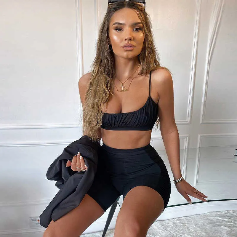 Newasia Ruched Two Piece Set Double Layers Crop Tops Biker Shorts 2 Piece Set Women Elastic Matching Sets ActiveWear Outfits 202 Y0702