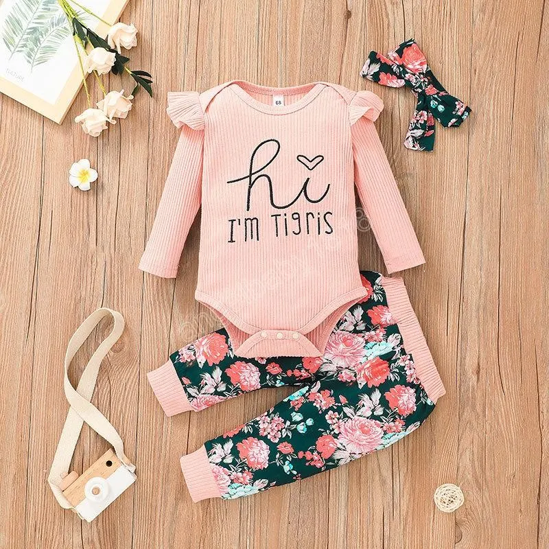 Meninas Baby Roupas Set Carta Macacões + Calças De Flores Mais Recente Crianças Boutique Roupas 0-2t Infantil Toddlers Mangas compridas Ternos bonitos