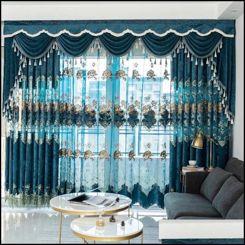 European Velvet Embroidery Chenille Bedroom Curtains for Living Room Modern Tulle Window Curtain Valance Decorate T200323