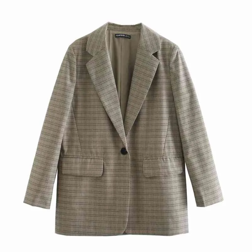 Viange Woman Loose Bomull Plaid Blazer Coat Spring Fashion Ladies Oversized Soft Jackets Kvinna Chic Camel Outwear 210515