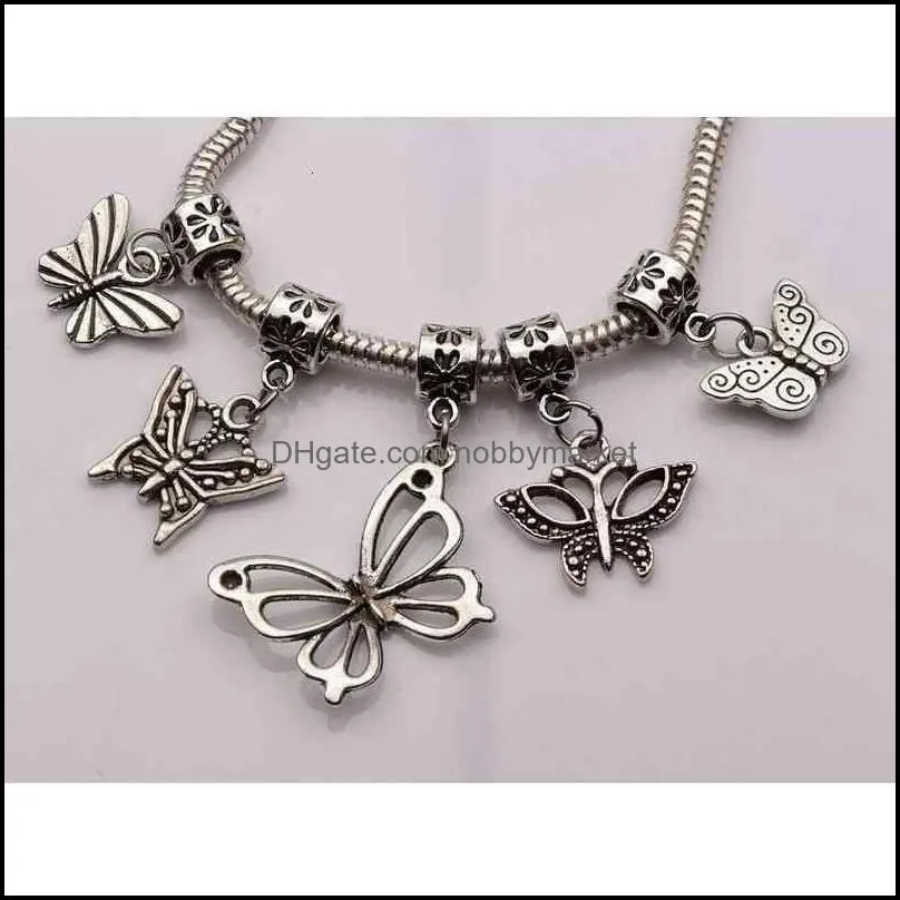 Brand Jewelry Findings better Sale ! 102 pcs Antique silver mixed Butterfly Dangle Beads Fit European Charm Bracelet 17- style (p20)