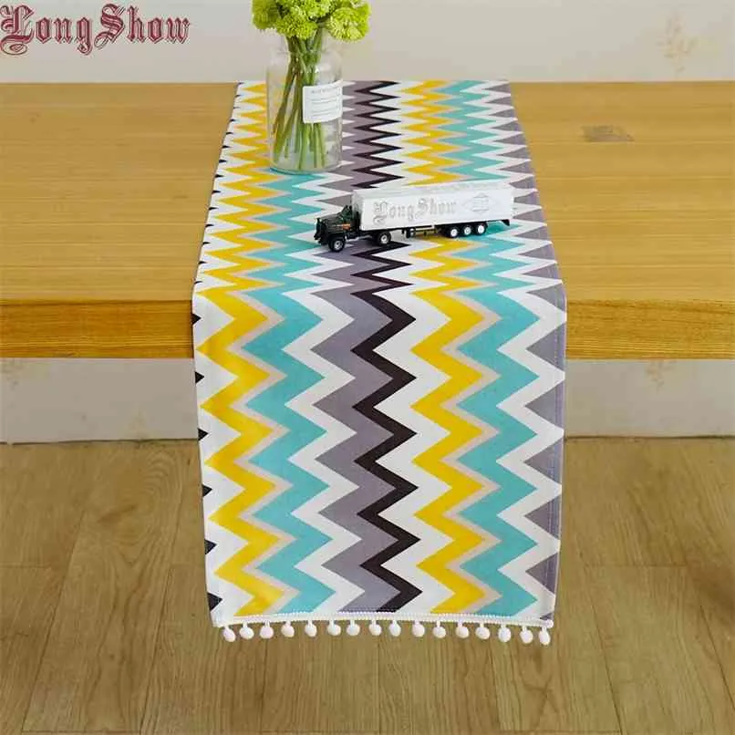 Lovely Home Decorative Unique Light Blue Geometric Waves Modern Style Table Runner With Braid Ball Lace 210628