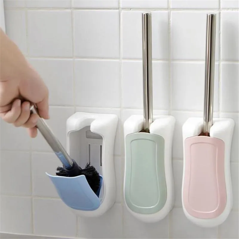 Toilet Brushes & Holders ABS Bathroom Brush Long Handle Without Dead Ends Suction Wall Semi-automatic Open Lid Holder