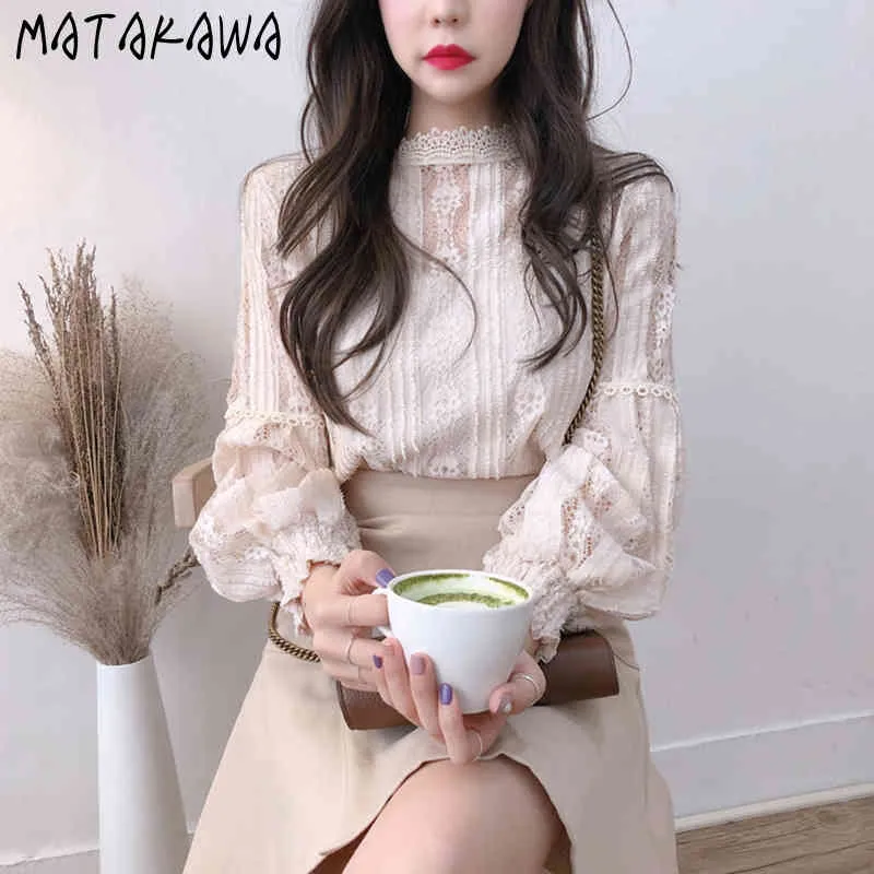 MATAKAWA Stand-up Collar Lace Shirt Women's Spring Hollow Out Crochet Blouse Women Long-sleeved Blusas Bottoming Top 210513