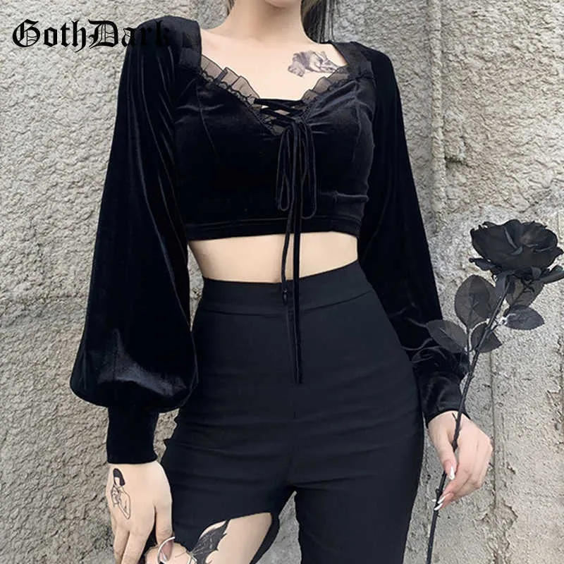 Goth Dark Romantic Gothic Velvet Women Crop T-Shirts Black Bandage Lace Patchwork Sexy Tops Lantern Sleeve Retro Ladies Clothing X0628