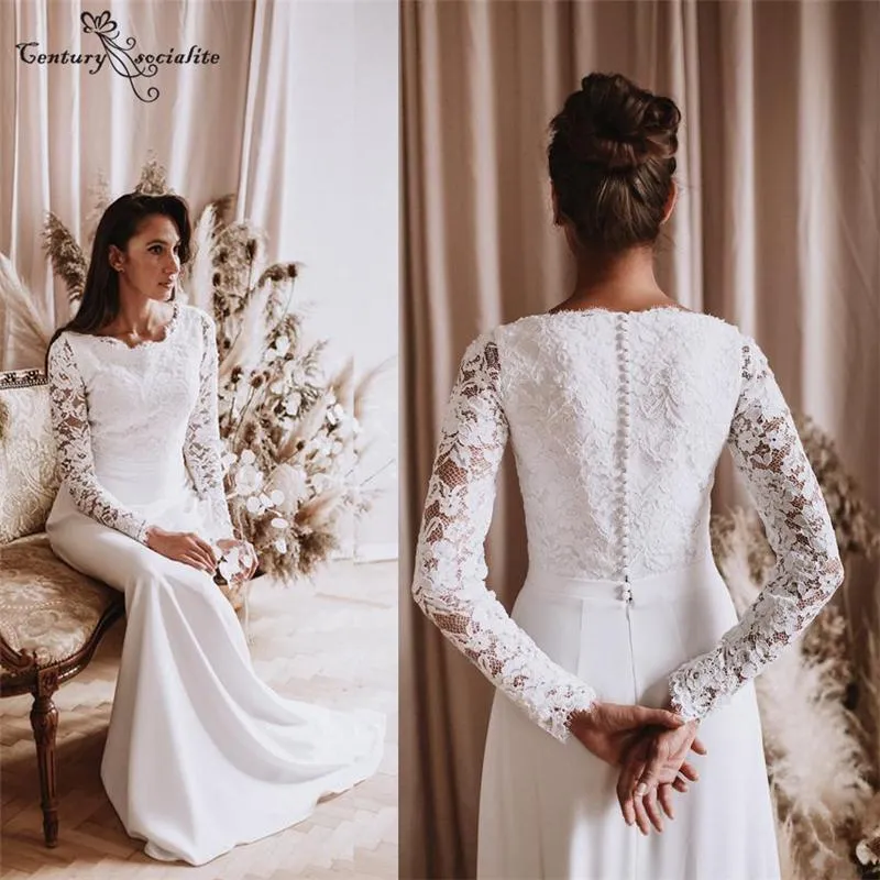 2022 mangas compridas vestidos de casamento vestido nupcial decote decote chiffon lace applique chão comprimento feito sob encomenda feitos vestidos vestido de novia