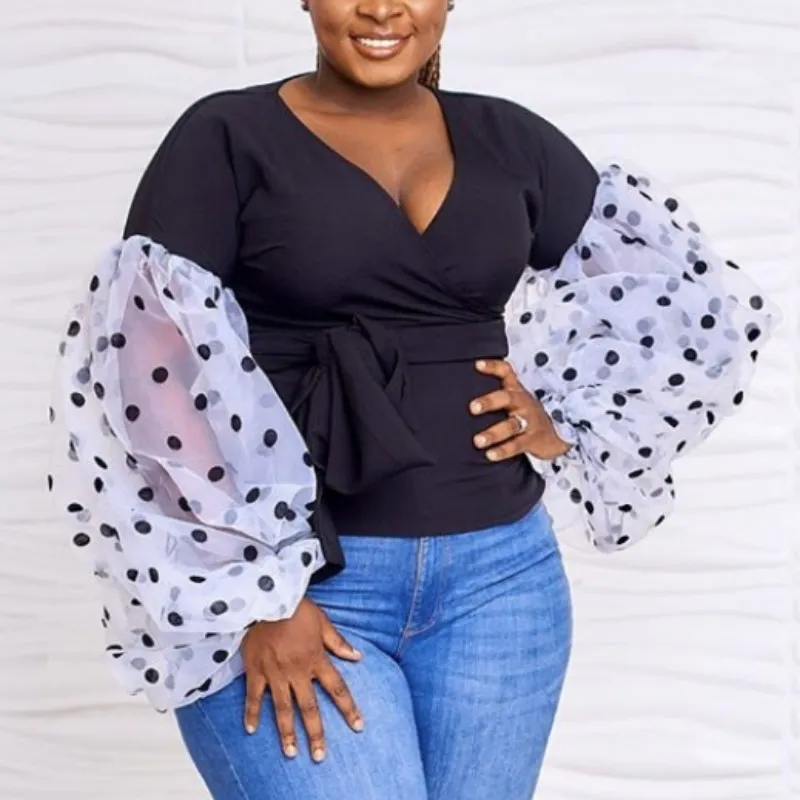 Plus Size Black Lantern Sleeve 3 4 Sleeve Shirts With Waist Blet Sexy V  Neck Patchwork Design For Club Parties And Events XXL From Bai05, $16.88