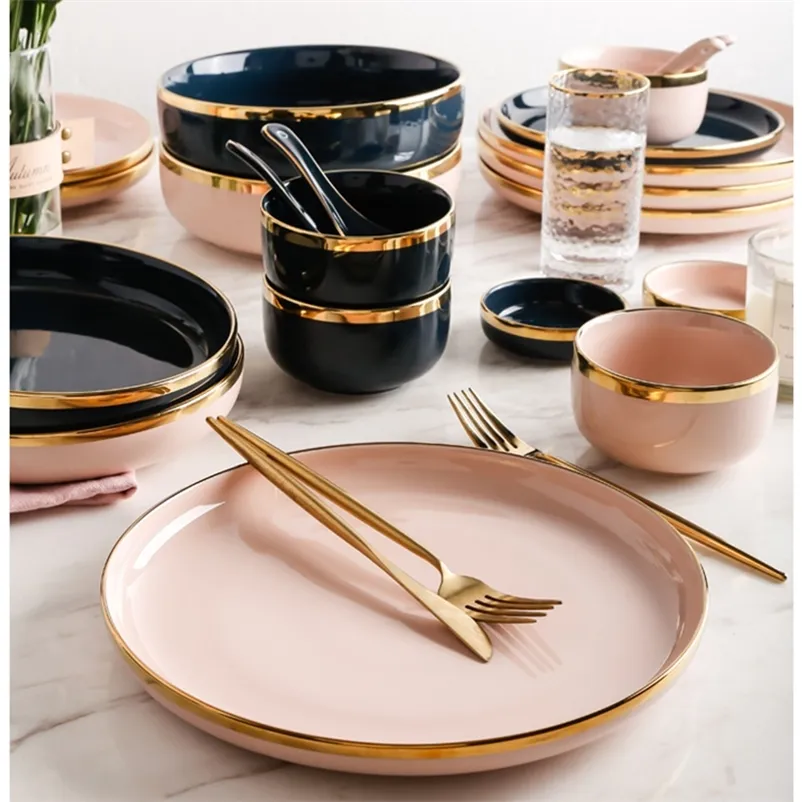 Pink Black Gold Inlay Ceramic Dinner Plate Tableware Porcelain Bulk Serving Dishes Home Wedding Decorative Dinnerware Wholesale 210317