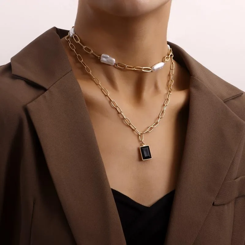 Pendant Necklaces Fashion Double Layer Special-Shaped Pearl Bamboo Link Chain Black Zircon Necklace Female Punk Jewelry For Women 2021