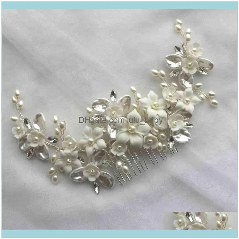Silver Color Pearls Jewelry Wedding Hair Comb Ceramic Flower Bridal Headpiece Handmade Women Prom Accessories