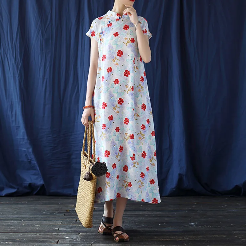 Johnature vintage katoenen linnen vrouwen jurk stand print floral cheongsam zomer korte mouw vrouwelijke chinese stijl jurk 210521