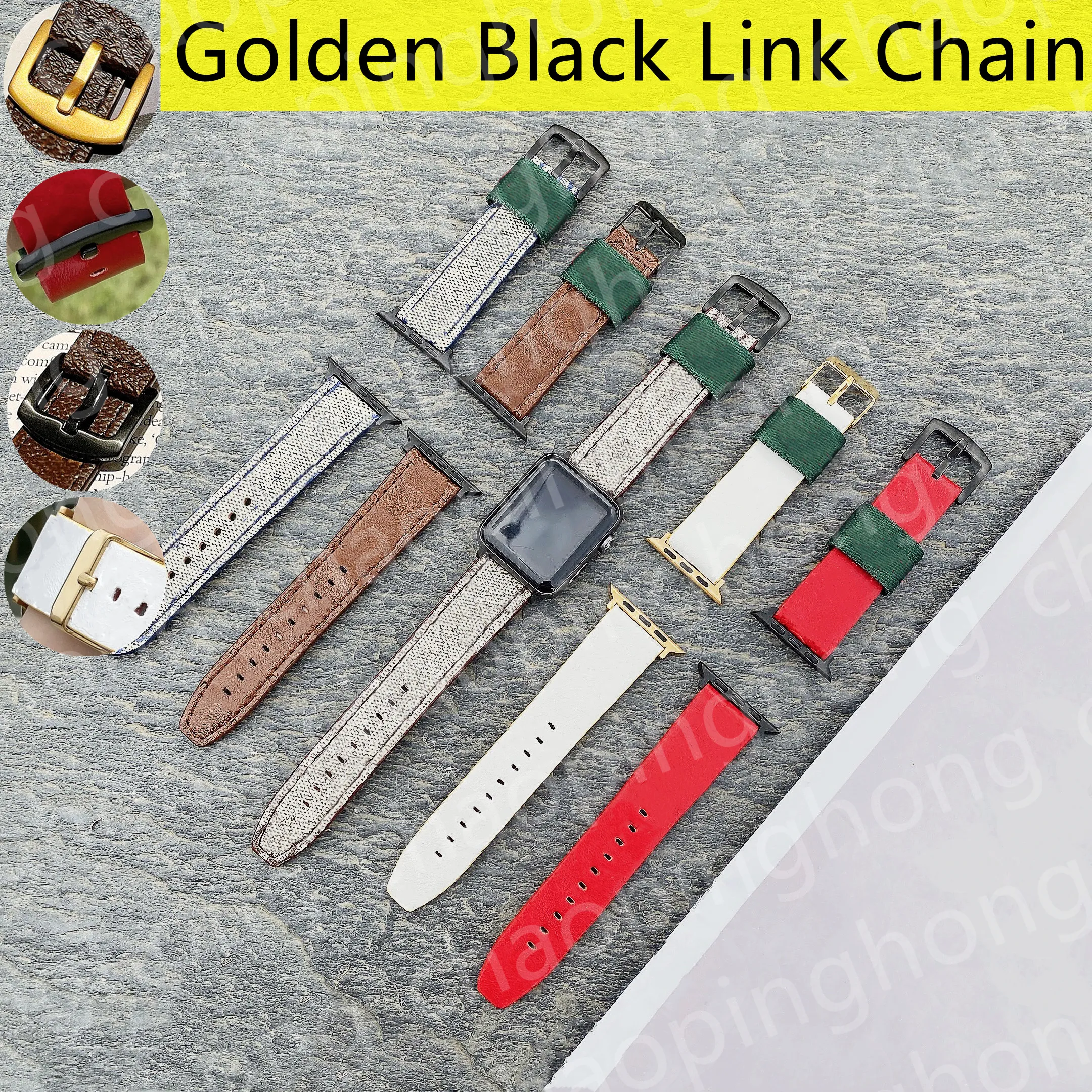 Titta på bandrem för Apple IWatch Strap 7 3 4 5 6 SE Series 44mm 45mm 41mm 40mm 42mm 38mm Armband Luxury prägling Gold Black Link Chain Armband Smart Straps