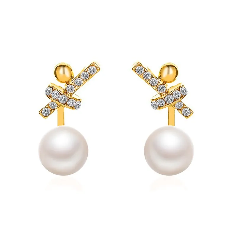 S2539 Fashion Jewelry Faux Pearl Stud Earrings S925 Silver Post Rhinstone Knot Earrings