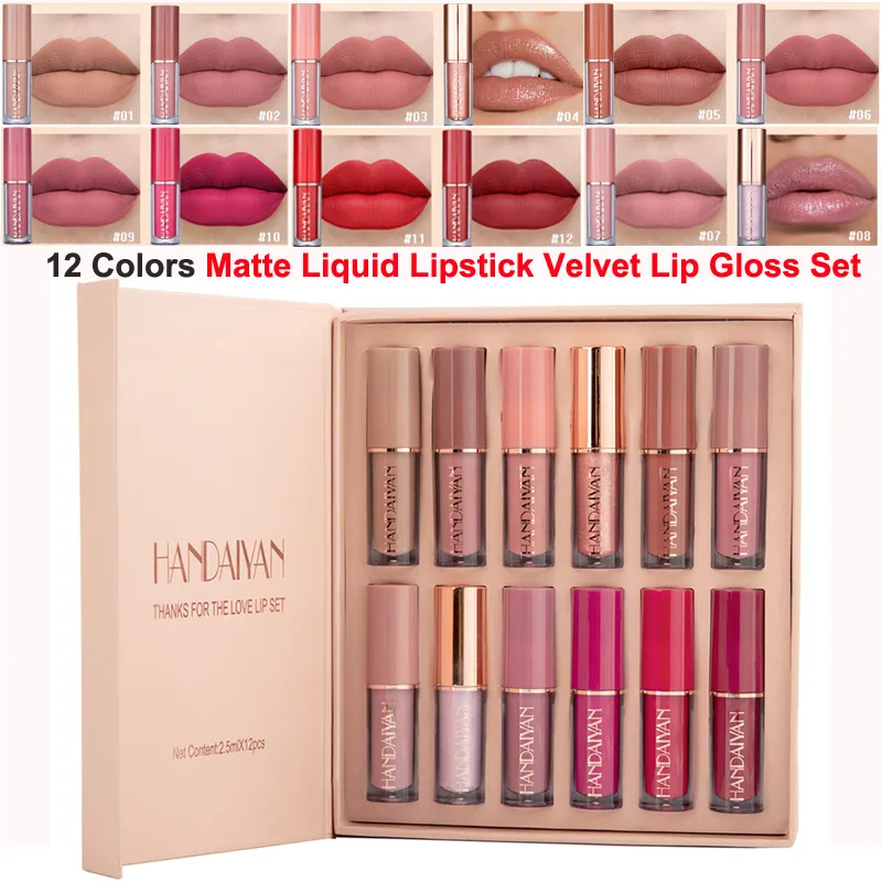 12st. Velvet Matte Liquid Lipstick Brand Makeup Set Shiny Lip Gloss Classic Watertproof Long Lasting Non-Stick Cup 12 Colors Lipsticks for Women Gift