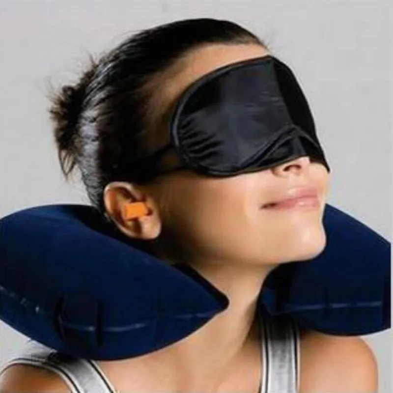50 ensembles en gros 3 en 1 oreiller cervical voiture avion voyage ensemble gonflable en forme de U oreillers doux coussin d'air masque pour les yeux de sommeil bouchons d'oreilles