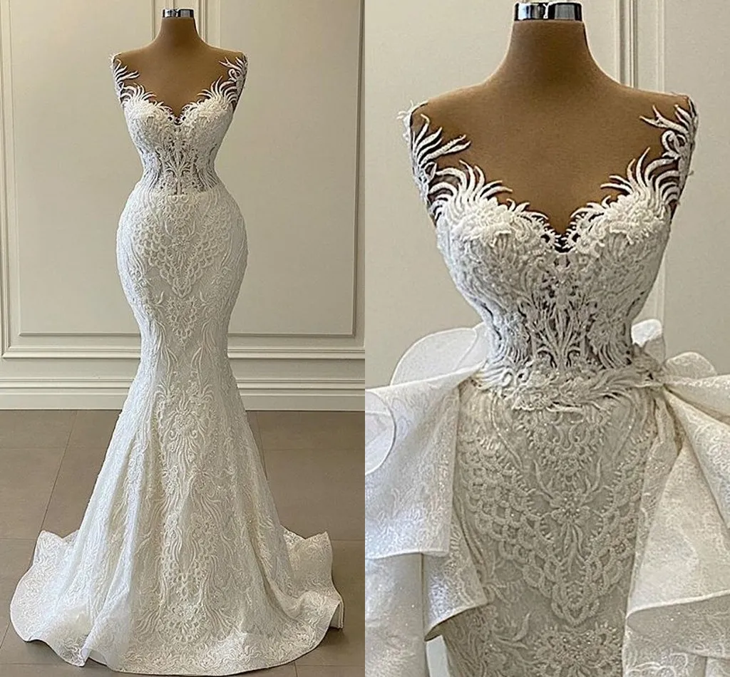 Luxury 3d Lace Mermaid Bröllopsklänning 2022 Romantisk Illusion Pärlor Tulle Neck Bridal Gowns Robe de Mariage Vestido Noiva
