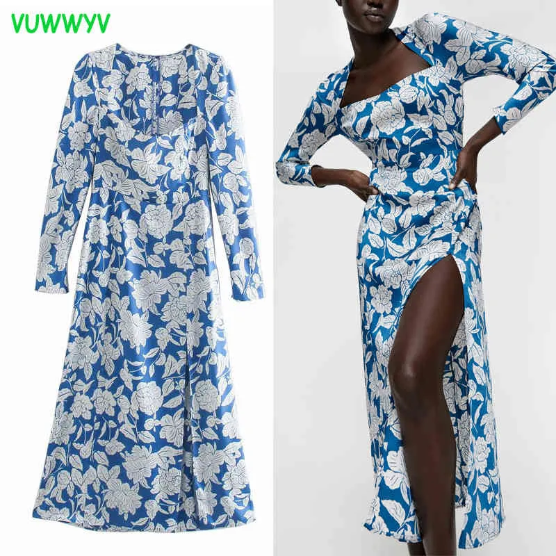 Vuwwyv retro blå blommigryck afrikansk klänning kvinnor våren elegant kväll fest midi långärmad sida slits vestido 210430