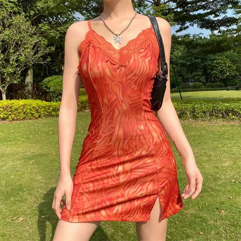 Lace Edge Flame Sexy Party Dresses For Women Spaghetti Strap V Neck Sleeveless Sundress Summer Bodycon Sex Night Vestidos 210510